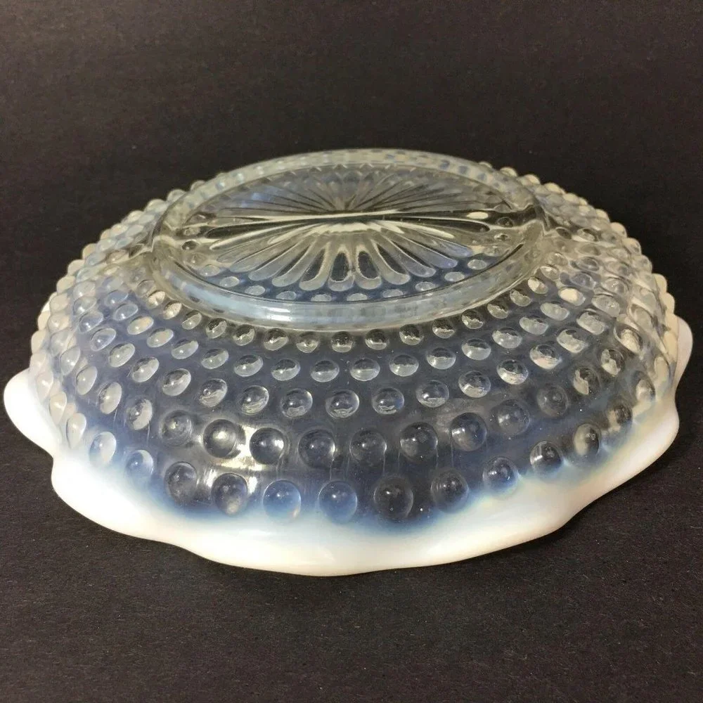 Fenton Opalescent Moonstone Hobnail Dish Glass Divided Round Scallop Edge 7 3/4